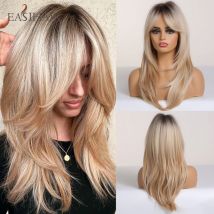 EASIHAIR-pelucas sintéticas rectas de longitud media para mujer, pelo rubio dorado con flequillo lateral, para Cosplay, diario, Ash, resistente al calor