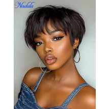 Nadula Hair 6 Zoll kurze Pixie-Schnitt-Echthaar-Perücke ohne Kleber mit seitlichem Pony, natürliches Schwarz, gerade, leimlose Perücke, anfängerfreundlich