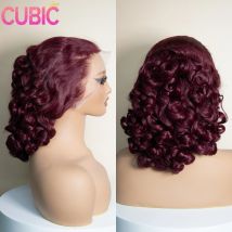Bouncy Curly Echthaar-Perücken, doppelt gezogen, HD 13 x 4 Lace-Frontal-Perücken, Burgunderrot, 250 % Dichte, kurze, lockere, gewellte, lockige Perücken, 40,6 cm