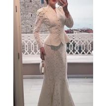 Temperament High Waist Fishtail Skirts Set Lace Hollow Out Long Sleeve Tops&Half Skirts Sets Leisure Solid Slim Commute 2pc Sets