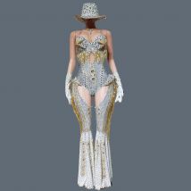 Body da donna con strass scintillanti Set da 4 pezzi Night Party Cowboy Show Outfit Cabaret Carnevale Showgirl Tuta sexy Hongding