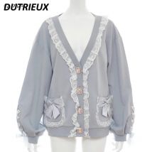 Japanische Art süße und süße Spitze V-Ausschnitt Langarm Pullover Mantel mittellange Schleife Gürtels ch laufe Strickjacke für Frauen Frühling