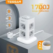 TESSAN 8-komorowe wielogniazdowe gniazdko z USB C Wielogniazdowe gniazdko wieżowe z przełącznikiem Przedłużacz do domu 3600W