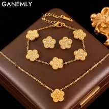 GANEMLY New White Zircon Reversible Clover Necklace Bracelet Earrings Set For Women Trendy Stainless Steel Waterproof Jewelry