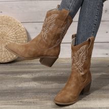 Schuhe für Frauen Neue Gestickte Western Cowboy Stiefel Frauen Herbst Spitz Starke Ferse Hohe Knie Stiefel Frau Botas De Mujer