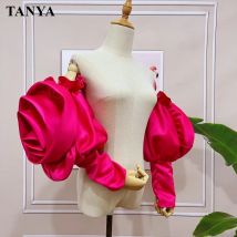 Mode Fuchsia Hot Rose Satin abnehmbare Ärmel geschwollene lange abnehmbare Accessoires Hochzeit Braut Abend Party Ärmel große Blume