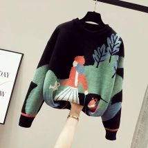 Cartoon lässig chic Acryl gestrickt O-Ausschnitt dick lose Pullover DAMEN Pullover weibliche Sweatshirts Top Frau Kleidung Mode 2