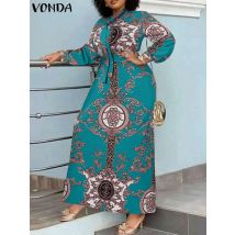 VONDA Bohemian Party Sommerkleid Herbst Frauen Maxi Kleid 2024 Langarm Stehkragen Casual Gedruckt Robe Urlaub Vestidos Belted