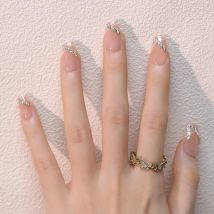 24Pcs French Glitter Coffin Press on False Nails Sparkling Crystal Wearable Fake Nail Tips Short Simple Artificial Manicure Art