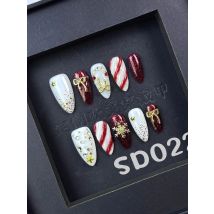 10PCS Christmas Almond False Nails with Gold Bow Sequins Decor Handmade Press on Nails Christmas Wearable Reusable Fake Nails