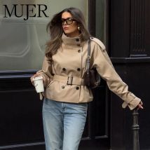 MUJER Short Women's Trench Coat Double Breasted Windbreaker Woman Belt Winter Coats for Women Outdoor Coats New in Outerwears