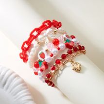 6pcs/set Sweet Cute Strawberry Pendant Bracelet for Women Elegant Soft Clay Imitation Pearl Bracelet Boho Y2k Jewelry Accessory