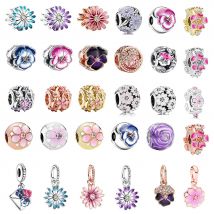 Gorąca, modna biżuteria, koralik w kształcie różowej stokrotki, fioletowa róża i paproć, zawieszka pasująca do oryginalnej srebrnej bransoletki, biżuteria DIY.