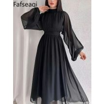 Weißes Chiffon-Kleid für Damen, 2024, Sommer, elegant, halbhoher Kragen, plissierte Kleider mit langen Ärmeln, schlankes, schönes Damenkleid