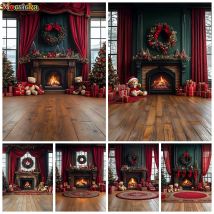 Weihnachten Home Hintergrund Fotografie Fenster Kamin Holzboden Geschenk Baum Bär Kinder Baby Foto Hintergrund Raumdekoration Studio