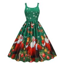 Frauen Weihnachts kleid Vintage Halfter sexy Party lässig Swing Robe hohe Taille drucken Midi Sommerkleid