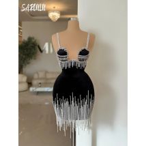 2023 schwarz Samt Abendkleid Party Geburtstag Kristalle Quaste Braut Robe Mini Mantel Cocktail Angepasst Vestidos De Novia