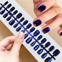 30Pcs 3D Royal Blue Cat Eye Press On Nails Glossy Short Square Fake Nails Color-Shifting Cat Eye False Nails for Manicure Decor