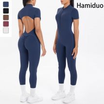 Short Sleeved Fitness Jumpsuit for Woman Bodysuits Backless Solid Color Scrunch One-Piece Suit Half Zipper Gym Yoga Sets Womens