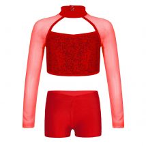 Girls Hip Hop Jazz Dance Outfits Sheer Mesh Gymnastics Cheerleading Dance Costume Long Sleeve Shiny Sequins Crop Top with Shorts