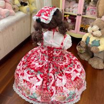 MAGOGO-vestido japonés Kawaii Lolita Jsk para mujer, agradable arco, estampado de fresa, adorno de encaje, vestido de tirantes, vestidos de fiesta de princesa Harajuku