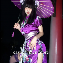 Cosplay China Doll Qipao Print Flower Cheongsam Girl Y2K Sexy Mini Chinese Style Dresses Purple Kung Fu Costumes Plus Size 6Xl