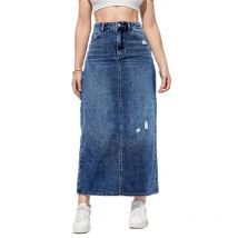 High Taille Denim langen Rock Frauen gebrochene Löcher zurück gespaltenen Saum Halbkörper kleid weiblich bequem lässig Modetrend Streetwear