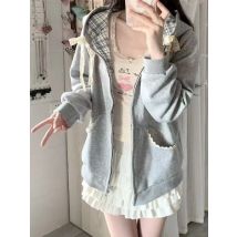 Spitze Schleife Elegant Hoodie Damen Übergroße Slim Fit Reißverschluss Tops Plaid Patchwork Mantel Y2k Kapuzenjacke 2025, koreanische Mode Herbst