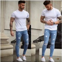 Männer Jeans Denim Bleistift hose Distressed Mid Taille Scheide knöchel langen Reiß verschluss Fliegen taschen schlanke Wäsche High Street 2024