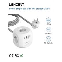LENCENT Power Strip Cube with  4 AC Outlets 3 USB Port 1 Type C 3M Braided Cabe Multi Socket Power Adapter with Switch for Home