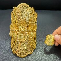 Äthiopien Armreif Ring Set Damen Engagement Hochzeiten 18k Gold Farbe Aushöhlen Armband Set Party Geschenke Nigerian Zubehör