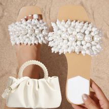 Sommer Neue Damenschuhe Weiße Perle Gestrickte Flache Schuhe für Oberbekleidung Mode Damenschuhe Trendige Handtasche Perle Bankett Tasche Set