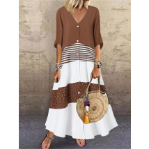 Farbblockiertes, bedrucktes, kurzärmliges Damenkleid mit V-Ausschnitt und Knöpfen, vielseitiges, künstlerisches Sommerkleid im Retro-Stil für die Straße