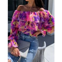 Gedruckt Eine Schulter Chiffon Hemd Frauen Mode Sexy Off Schulter Rüschen Langarm Hemd Bluse Damen Frühling Herbst Neue Top