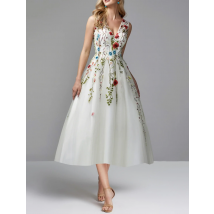 A-Linie-Abschlussballkleider mit Blumenmuster, für Hochzeitsgäste, Partykleidung, Tee-Länge, ärmellos, V-Ausschnitt, Spitze, Stickerei, Applikationen, 2025, kostenlos individuell
