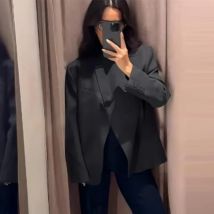 Women's Jacket 2025 Fall New Arrivals Gray Long Sleeve Pocket-Decorated Stand Collar Blazer Commuter Fashion Casual and Stylish