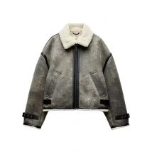 ETJ 2025 Neuer Herbst/Winter Damen-Trip-Riemen, verziert mit doppeltem Revers, langen Ärmeln, winddichte, warme Jacke, lockere Jacke