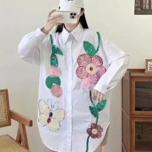Paillettenbesetzte Blumen Stich Lose Lässige Übergroße Lange Baumwollhemden & Blusen Für Frauen 2025, Frühling Sommer Tops Mädchen Y2k Camisas