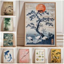 Poster con gru giapponese, arte da parete vintage Ukiyo-e, stampa sole rosso e albero di pino, opere d'arte tradizionali giapponesi, decorazioni per la casa orientali