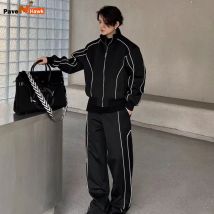 Sport 2 Stück Set Männer High Street Streifen Sportswear kurze Jacke lose weites Bein Hose lässig Retro Streetwear Unisex Anzug Herbst