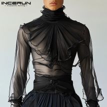 Mode Gut Sitzende Tops INCERUN Sexy Männer Dünne High Neck Schulter Plissee Hemd Casual Party Nachtclub Langarm Bluse 2025