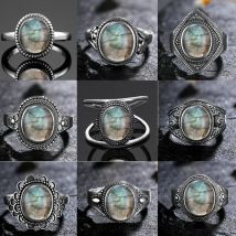 S925 Sterling Silber Ring Ovaler Runder Natürlicher Labradorit Ring Sonnenförmig Retro Luxus Feiner Schmuck Großhandel Für Damen Herren