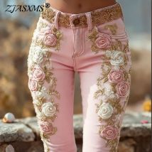 Romantische Rosa Rose Blume Drucken Jeans Vintage Elegante Geknöpft frauen Hosen Herbst Hohe Taille Schlank Chic Hosen Harajuku Mujer