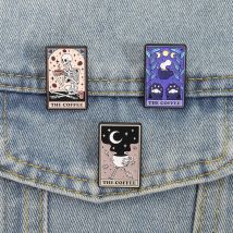 The Coffee Tarot Card UV Printing Pins Skeleton Cat Paw Moon Phase Brooches Badges Punk Jewelry Gift for Friends