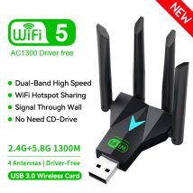Dwuzakresowy 1300Mbps WiFi Adapter USB 2.4G/5Ghz Wi-Fi Dongle USB3.0 802.11AC 4-Antenny Bezprzewodowy odbiornik do komputera PC/laptopa Darmowy sterownik