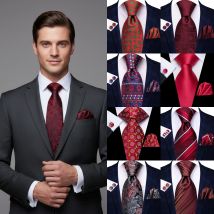 Hi-Tie 3pcs Mens Tie Red Floral Stripes Solid Necktie Pocket Square Cufflinks  Set Wedding Formal Casual Office Party
