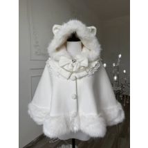 Winter 2025 New Lolita Shawl Overcoat Women Design Bow Hooded Patchwork Kawaii Cope Coat Female Warm Chic Sweet Fur Collar Coat