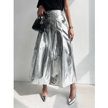 2 farben Frauen Sommer Herbst Gefaltete Lange Röcke Für Frauen Elastische Hohe Taille Vintage Silber Rock Weibliche (w10051)