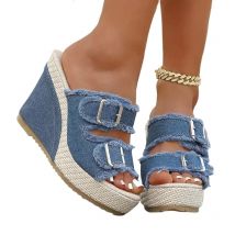New Wedges Platform Women Sandals Summe Straw Weaving Thick Sole Denim Slippers Fashion Casual Double Buckle Strap Sandals Women