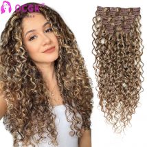 OCGK Water Wave Clip-in-Haarverlängerungen, Echthaar, 6 Teile/satz, Highlight Braunes Haar, Clip-in-Echthaarverlängerungen, nasses und gewelltes Haar
